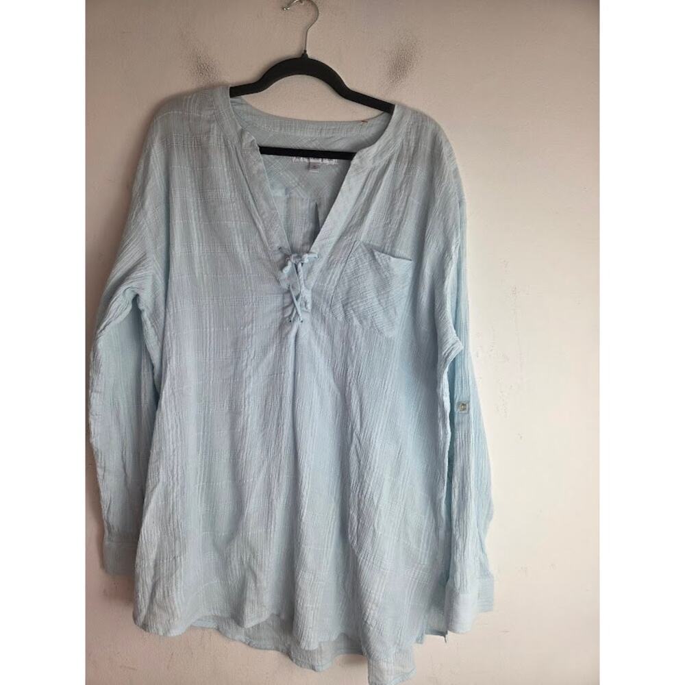 Southern Tide Women Light Blue Gauzy 100% Cotton V-Neck Tunic Blouse size XL